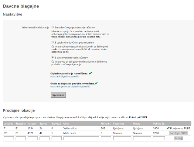 Nastavitve Davčne blagajne spletna Čebelca