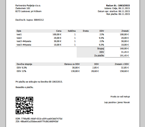 Primer davčno potrjenega računa